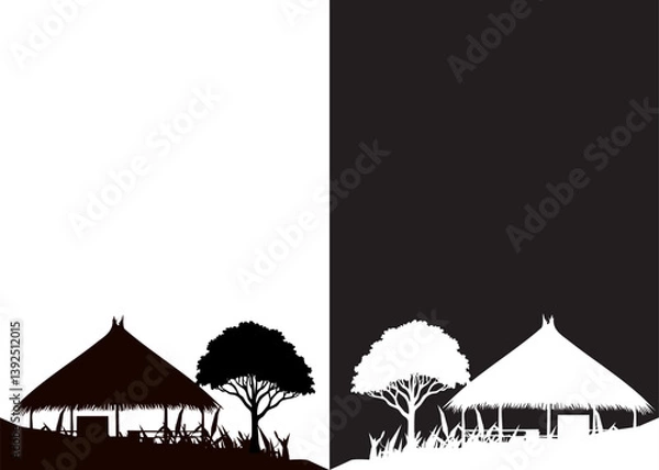 Obraz Silhouette Day and Night with Hut and Tree Background