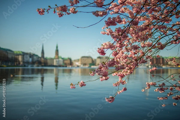 Obraz Kirschblüte an der Alster mit rosa Zierkirsche und Blick auf die Hamburger City