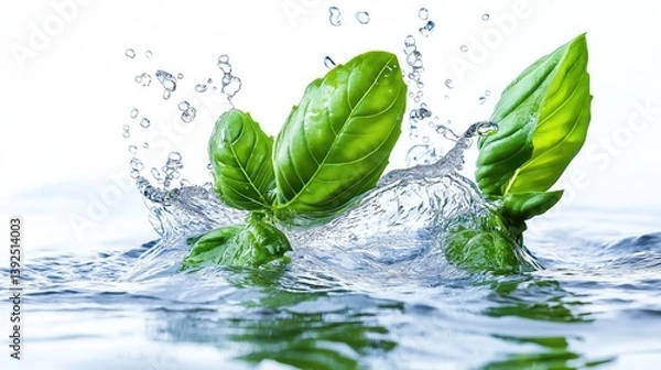 Obraz A lively splash of water with fresh, deep green basil leaves submerged and rising from the surface. 