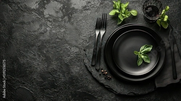 Obraz Black tableware setting on dark stone