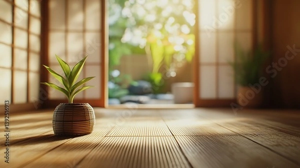 Fototapeta A serene indoor space featuring a small potted plant placed on wooden flooring, with sliding doors open to a lush green garden bathed in soft sunlight