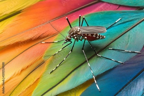 Fototapeta Macro view of an Aedes aegypti mosquito on a colorful parrot feather, tropical bird backdrop.