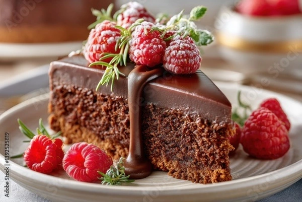 Fototapeta Delightful Chocolate Cake Topped with Fresh Raspberries Creates a Tempting Dessert Experience