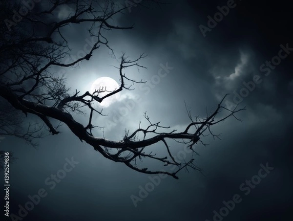 Fototapeta Wind-whipped branches sway wildly, revealing glimpses of a moon hidden by dark clouds - background texture abstract pattern