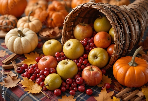 Fototapeta Autumn Harvest Cornucopia: Pumpkins, Apples, Cranberries, and Fall Leaves on a Plaid Surface