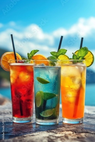 Obraz Colorful tropical cocktails with citrus and mint on a sunny summer beach day

