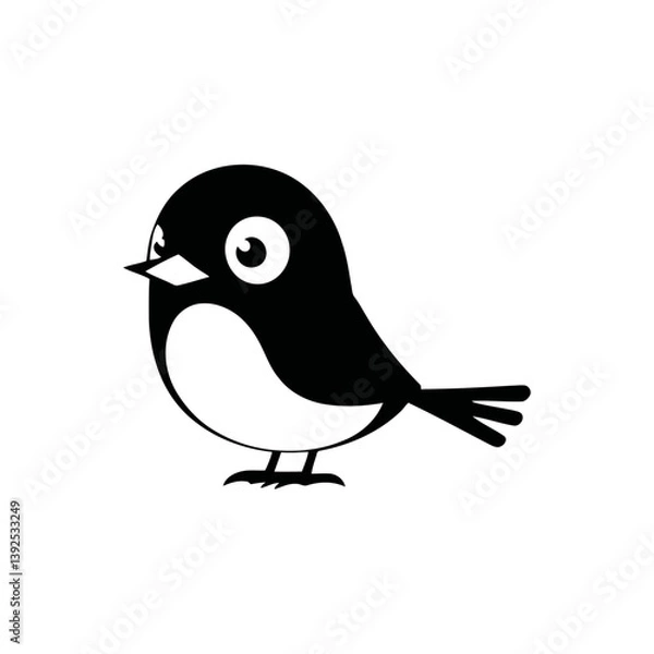 Obraz A black and white vector silhouette of a cute bird with a puffed-up chest, round body, and wings slightly open on a white background