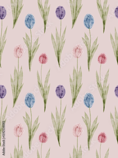 Fototapeta Floral seamless pattern with watercolor tulips.