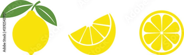 Fototapeta Lemon cut slices vector set, Whole, half and slice chopped lemon fruit flat collection