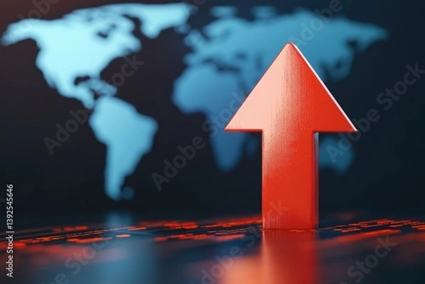 Fototapeta Red arrow pointing upward against a world map background