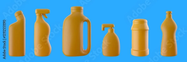 Fototapeta Set of plastic yellow bottles or containers for household cleaning chemical or industrial liquid in 3d realistic style. Glossy design elements for mockup branding. Vector illustration.