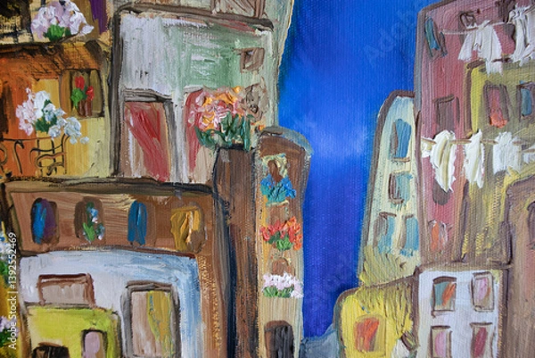 Fototapeta Panorama architecture original painting. Charming old small houses on Bright sunny townscape. Oil brush strokes hand painted texture.