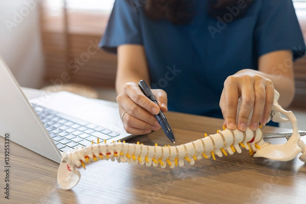 Fototapeta close up special chiropractor woman touch on back on spine anatomy and diagnose about symptom and treatment step by hospital program for health care lifestyle people concept