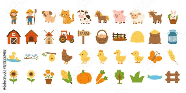 Fototapeta A farm scene with a variety of farm animals and farm objects