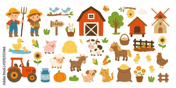 Obraz A farm scene with a sign that says "Farm" in the foreground. There are several farm animals, including a horse, a cow, and a chicken. A tractor is also present in the scene