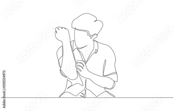 Obraz Continuous one line drawing of Man scratching rash on his arm, skin allergies concept, single line art