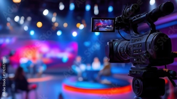 Fototapeta Professional video camera in cinematic composition with news studio blurred background, live television show setting featuring business interview concept. Broadcast equipment, media production, corpor