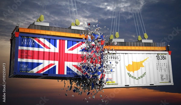 Obraz Cargo containers with flags of United Kingdom and Cyprus - 3D illustration