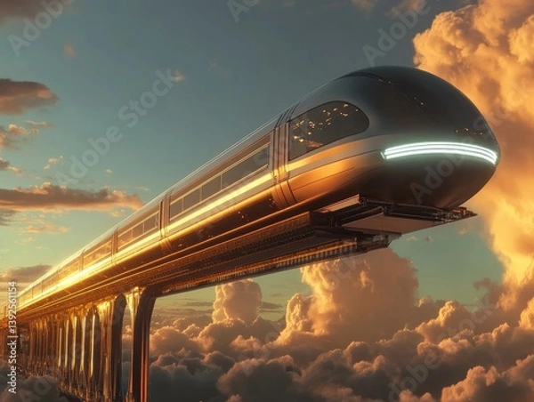 Obraz Futuristic Train Soaring Above Clouds.