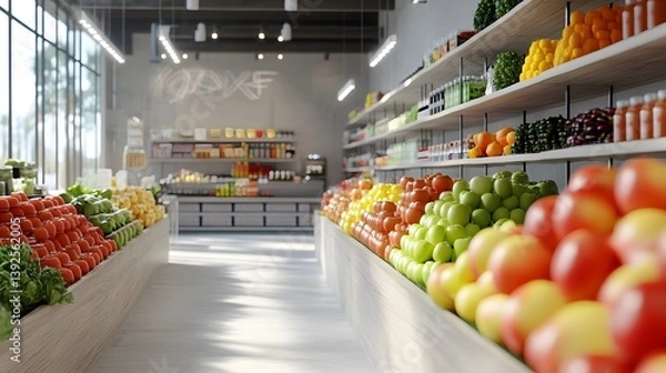 Fototapeta Fresh fruits and vegetables neatly arranged in a modern grocery store, showcasing vibrant colors and healthy options.