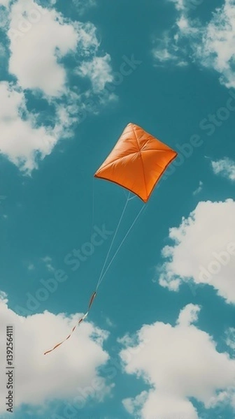 Fototapeta Orange kite soaring high in a vibrant blue sky filled with fluffy white clouds. A perfect image for freedom, joy, and childhood memories.