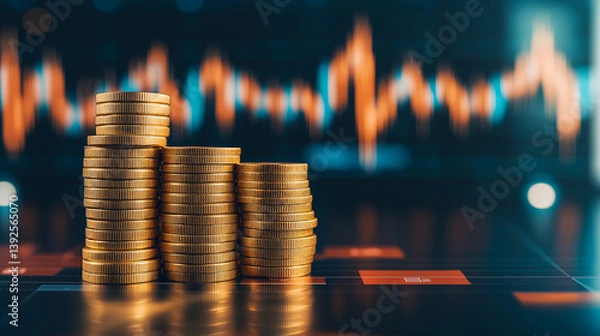 Fototapeta Coin Stack and Financial Chart: A visually striking image of gold coins stacked in descending order, set against a blurred backdrop of a financial graph, symbolizes economic fluctuations, investment.