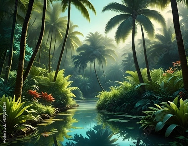 Fototapeta idyllic stream meandering through a green wood