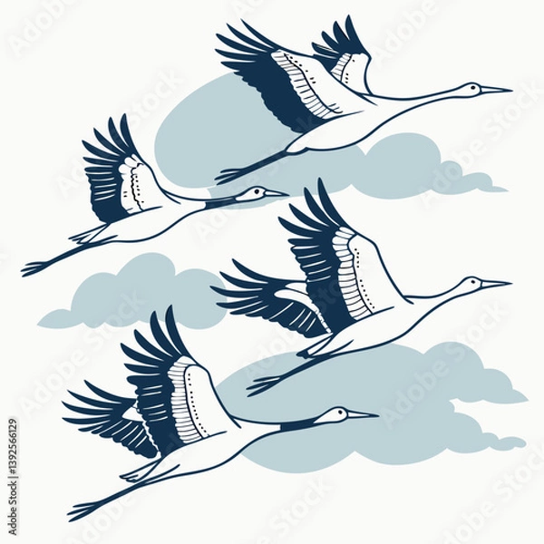 Obraz A stunning vector illustration of a V-shaped flock of migratory cranes flying gracefully across the sky, symbolizing unity and migration