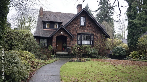 Fototapeta Charming brick house with gable roof and lush garden