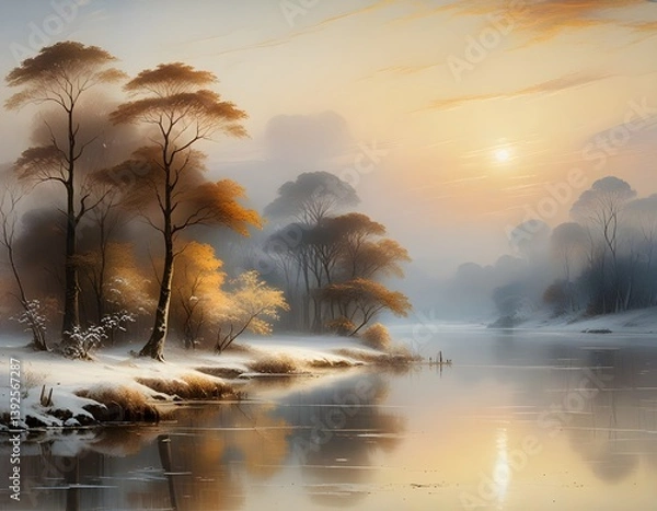 Fototapeta tranquil winter scene with mountains and icy water