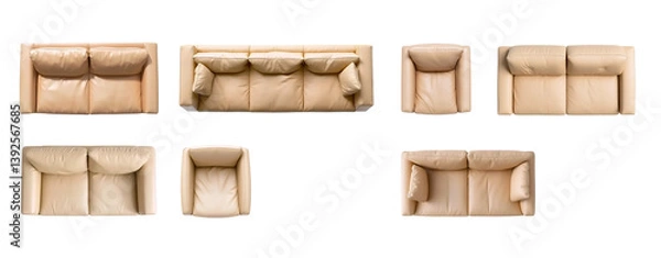 Obraz Beige leather furniture set. Leather sofas and armchairs, top view and front view. isolated on transparent background