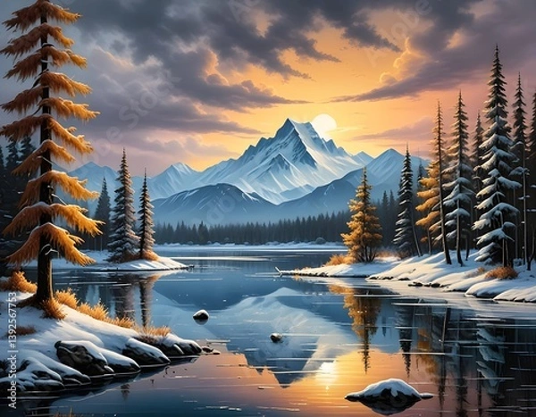 Obraz serene winter lake reflecting snow-capped mountains