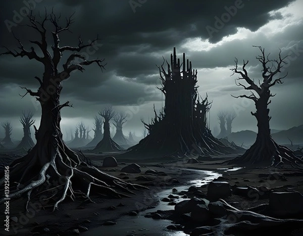 Fototapeta nightmarish castle scene with twisted trees