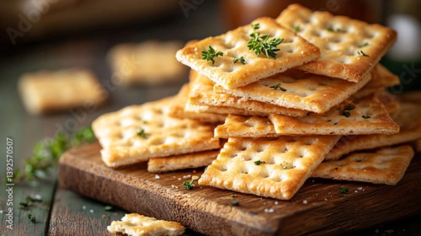 Fototapeta A pile of delicious, organic biscuits on a rustic board, highlighting their baked texture and vibrant yellow color