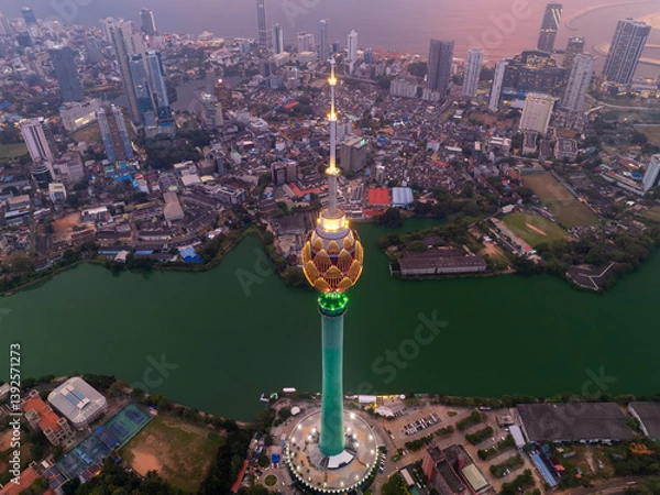 Fototapeta The Lotus Tower in Colombo, Sri Lanka, is a 350-meter-tall structure resembling a lotus flower. It serves as a telecommunications hub and offers panoramic city views