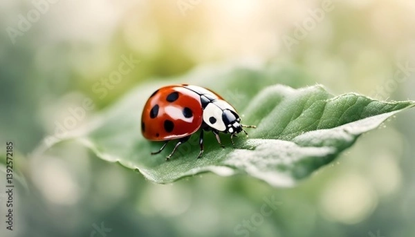 Obraz bright ladybug crawling on a fresh green leaf with blurry background 