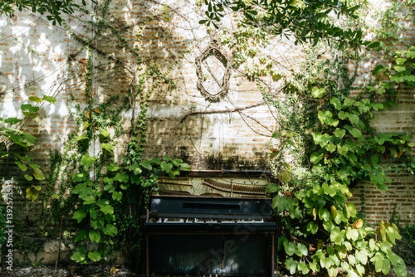 Fototapeta Nature-inspired serenity abandoned piano surrounded by lush foliage in a tranquil garden setting