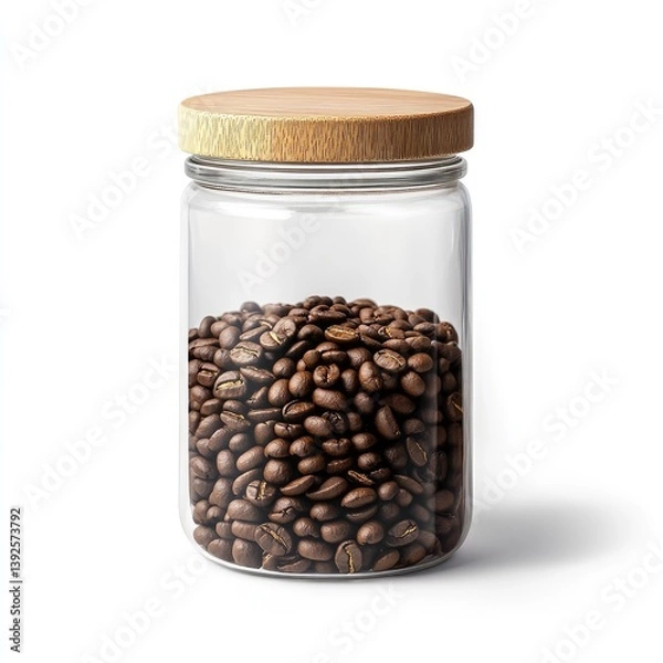 Fototapeta Clear glass jar with wooden lid, filled with coffee beans