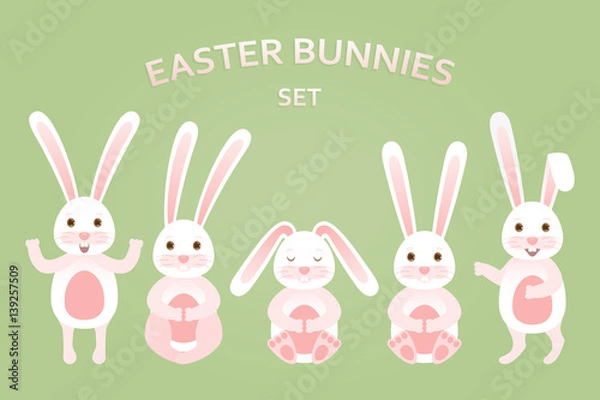 Obraz Cute Easter bunnies set in different poses. Vector illustration. 