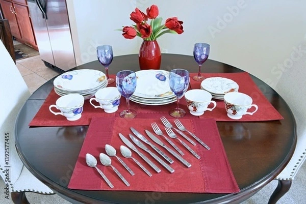 Fototapeta Round table stacked with fine china place settings for four.