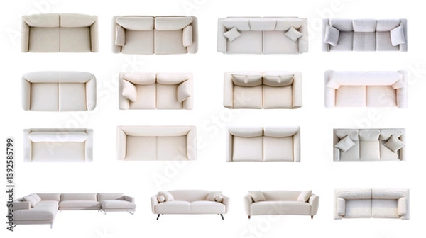Fototapeta Set of white furniture made of different materials. sofas and armchairs made of fabric and boucle, top view and front view. isolated on transparent background