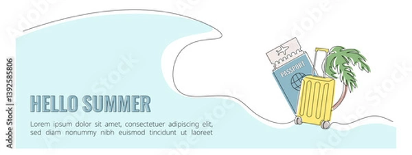 Fototapeta One continuous line drawing of a suitcase, passport, palm and wave. Summer time, a travel concept banner. Editable stroke, simple doodle design, vector illustration