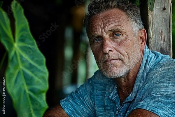Obraz Relaxed man portrait in rustic setting surrounded by tropical plants
