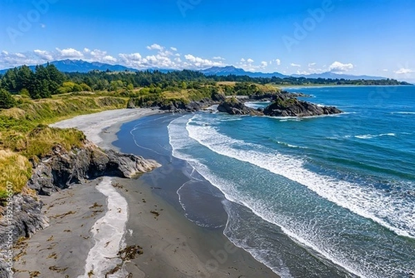 Obraz Aerial perspective of a secluded beach with rocky shoreline and smooth waves