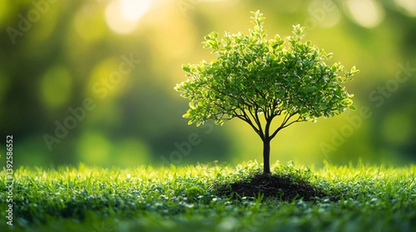 Fototapeta Bright green tree on a grassy background, emphasizing the importance of nature and environmental protection