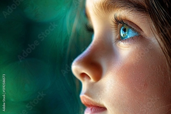 Obraz Close-up of a girl's face illuminated by soft sunlight in a breezy outdoor setting