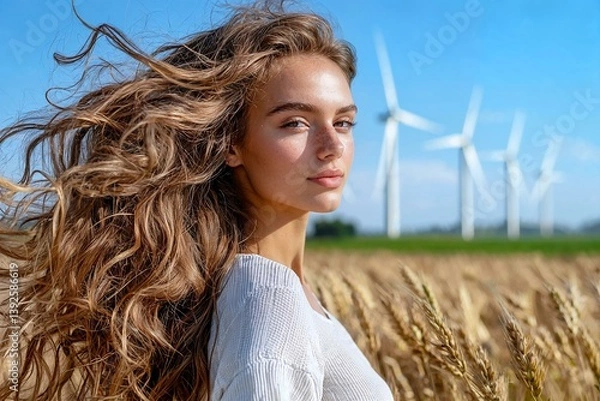 Obraz Young woman standing in a field with wind turbines under a clear blue sky
