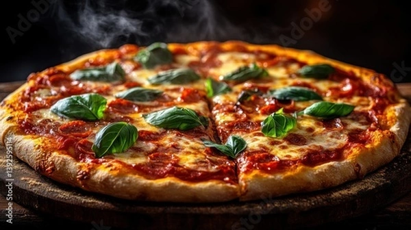 Obraz Delicious pizza with fresh basil and melted mozzarella