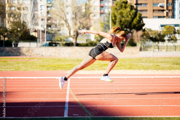 Fototapeta A pretty Caucasian girl in her 20s and 30s training on a running track.Photo of a female athlete during a speed start. Concept of female runners on an athletics track.