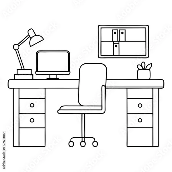 Fototapeta Office Desks Coloring Book Page – Line Art Outline Drawing for Furniture and Workspace Illustration